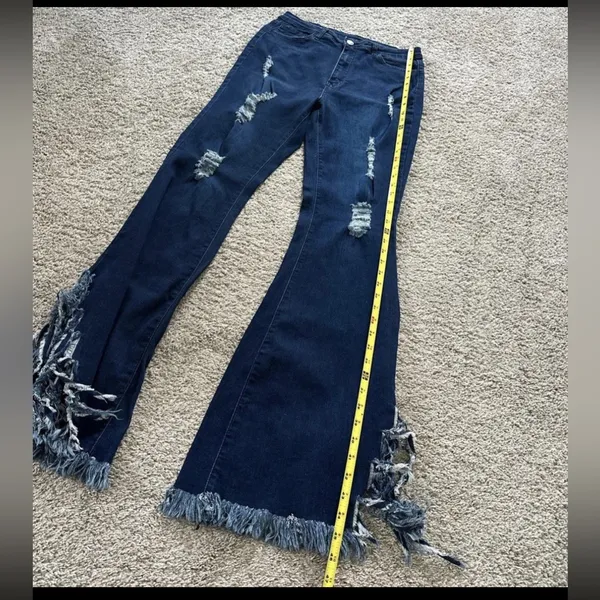K.I.M by Kimberly Dark Blue Distressed Flare Jeans - Image 4