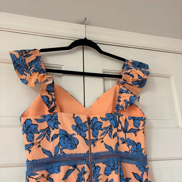 Alice + Olivia Jade Ruffled Floral Midi Dress Coral Blue Lace‎ Illusion Size 12 - Image 14