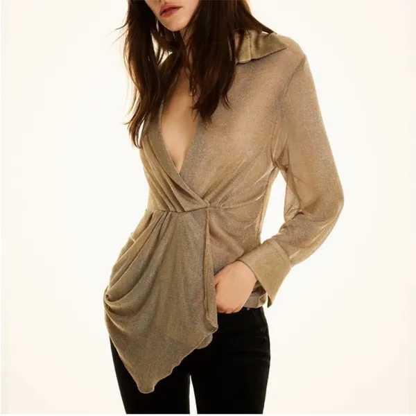 Zara NWT gold metallic knit ruched long sleeve blouse top semi sheer - Image 2