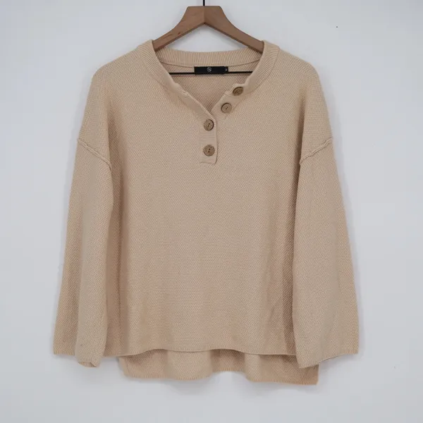 Lillusory Womens Oversized Henley Waffle Knit Sweater Tan Apricot Size M - Image 2