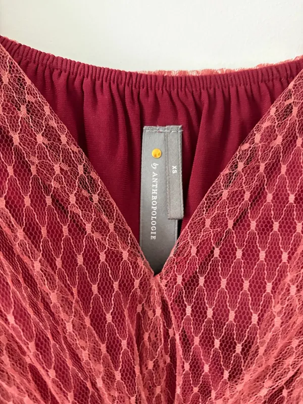 Anthropologie Tulle V Neck Blouse Bordeaux Red Sheer Smocked Peplum Top XS - Image 6