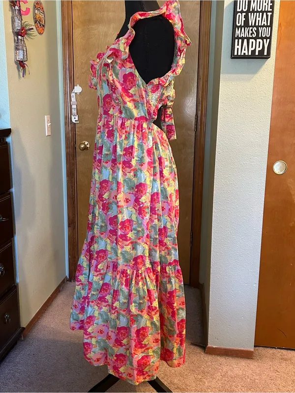 Peyton & Parker pink floral tiered maxi dress tie back design open back ruffle L - Image 4