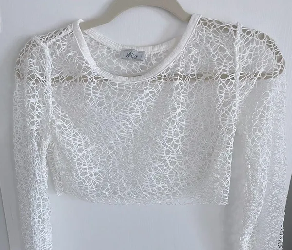 Oh Polly Long Sleeve Mesh Crop Top in White - Image 2