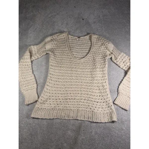 Free People Crashing Waves Scoop Neck Boho Sweater Ivory Wool Blend Chunky Small - Image 3