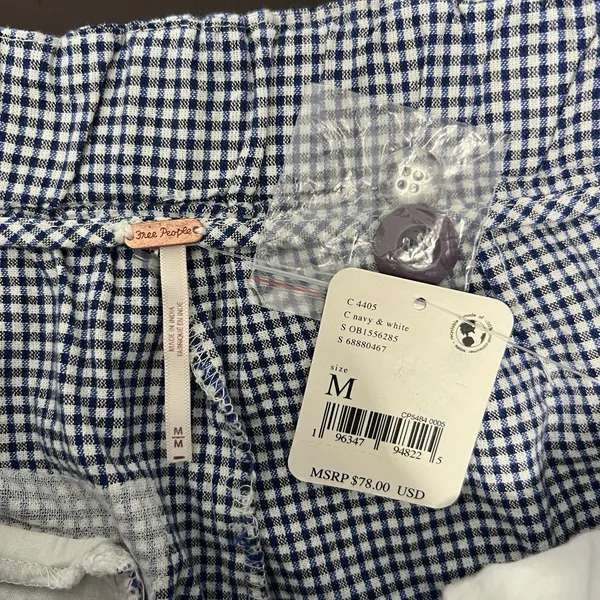 Free People Kate Gingham‎ Pants Navy White 100% Cotton Straight Leg Size Medium - Image 9