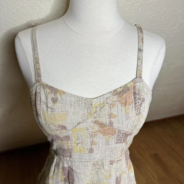 Urban Outfitters Mini Dress Womens Small Neutral Linen Sweet On You Paris Prints - Image 3