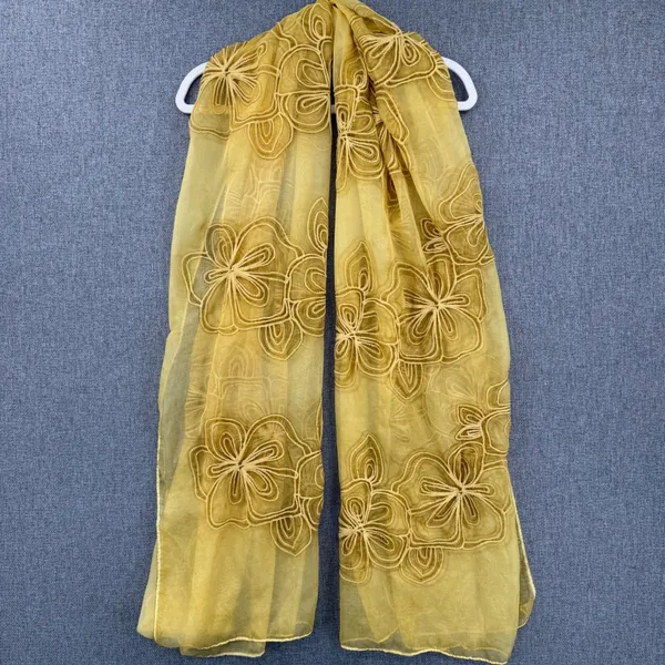 100% Silk Scarf Sheer Gold Yellow Floral Embroidered Sheer Made in Italy Boho - Image 2