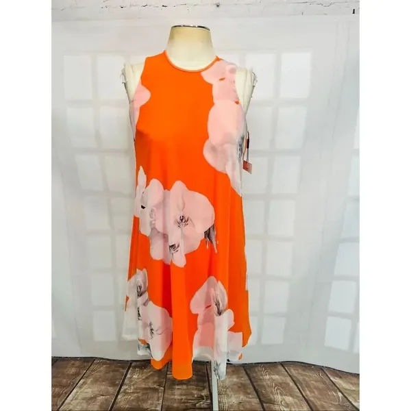 Calvin Klein NWT Orange Floral Print Sleeveless Lined Flowy A-Line Dress Size 4 - Image 2