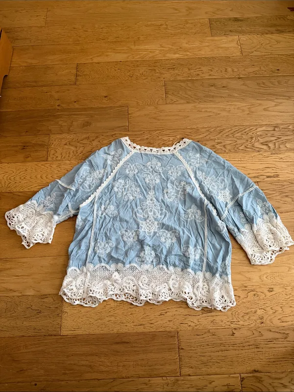 L - Democracy - Light Blue Boho Tunic with Cream Crochet Trim - Image 7