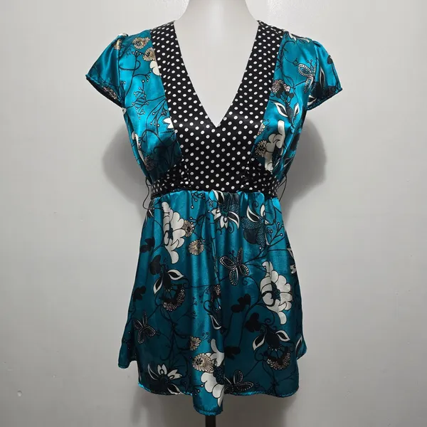 Vintage Forever 90s Teal Floral Butterfly Babydoll Blouse L Coquette Fairy - Image 2