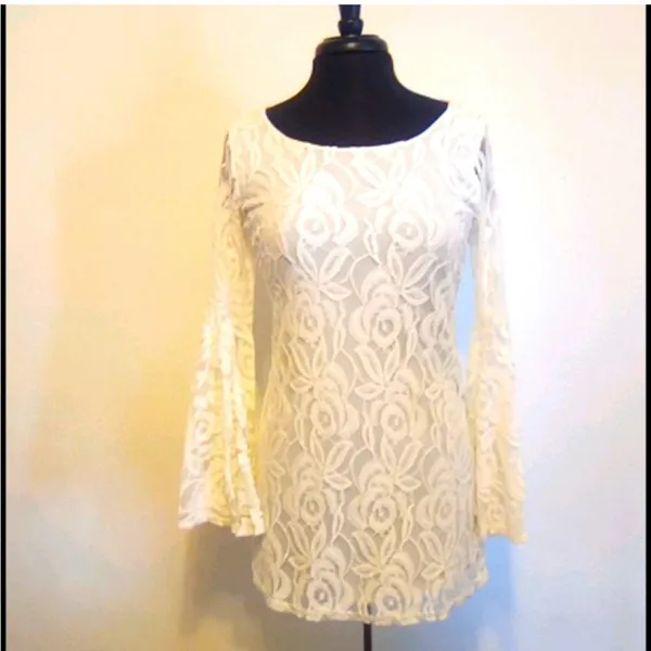 White Long Sleeve Lace Dress Boho Flare Bell Sleeves‎ - Image 6