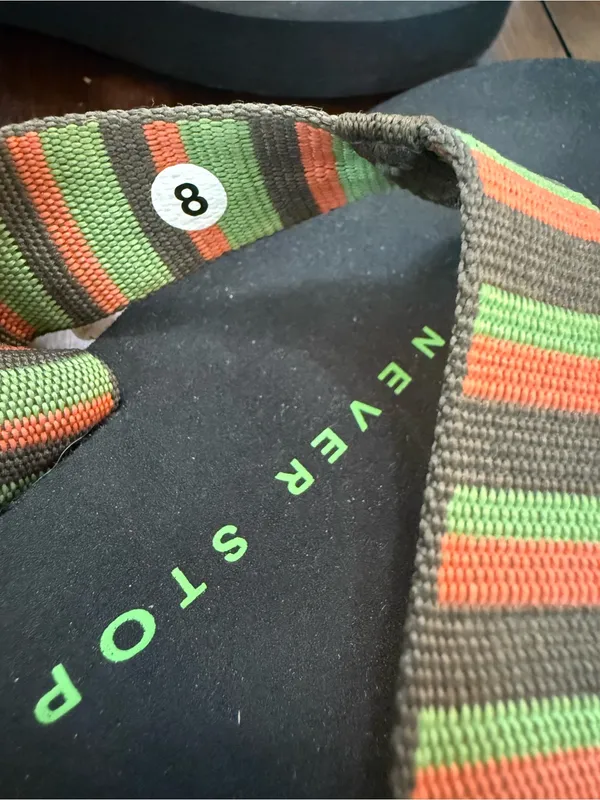 The North Face Size 8 Black Flip Flops with Green, Orange, and Brown Straps - Image 3