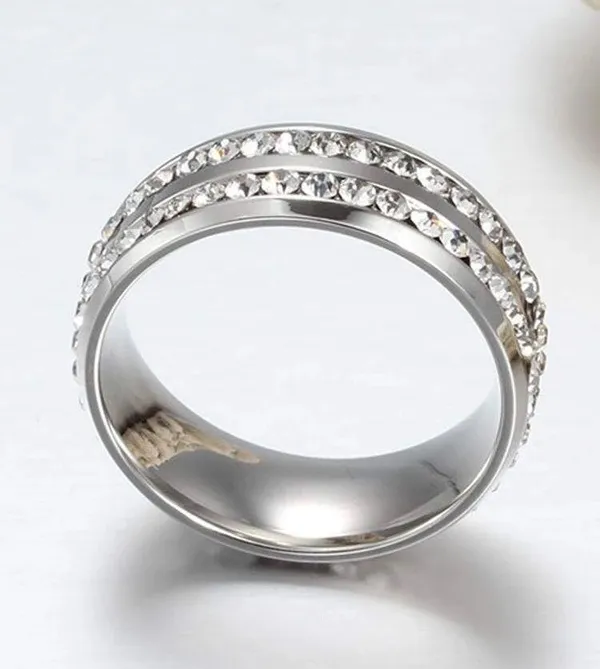 TJ Maxx 8mm Double Row Rhinestone Stainless Steel Unisex Ring Weddig Band Jewelry Size 8 - Image 2