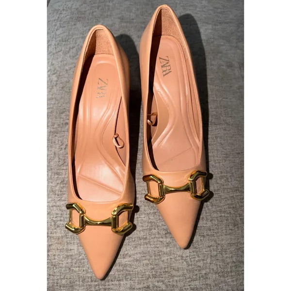 Zara Womens Tan Nude Pointed‎ Toe Block Heel Horsebit Buckle Pumps Size 5 - Image 3
