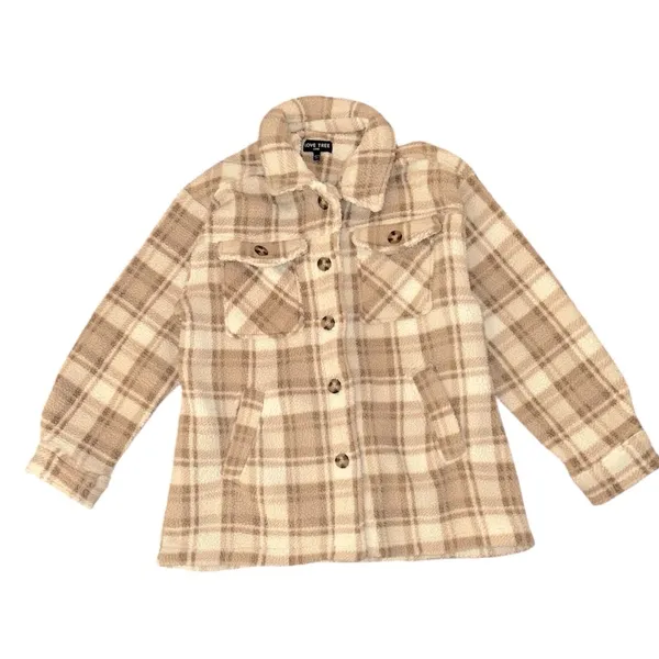 LOVE TREE Beige Plaid Sherpa Womens Shacket - Image 4