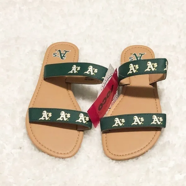 🆕 Oakland A’s MLB women’s slide slip on sandals green yellow tan - Image 6