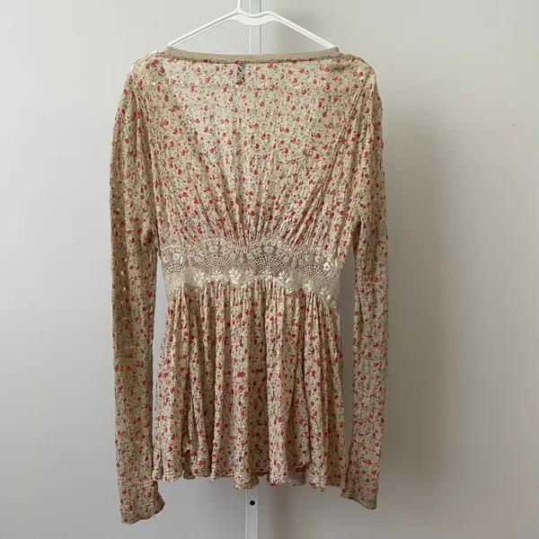 Free People Cotton Y2K Fairy Peasant Babydoll Floral Lace Cardigan Top XS Beige - Image 4