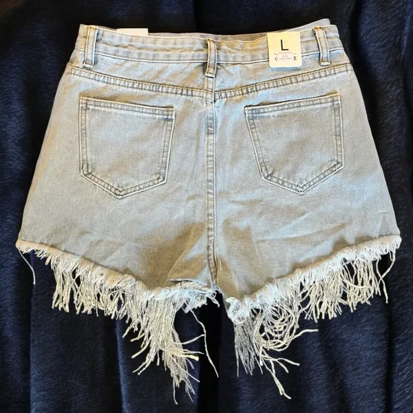 NEW Pearl Rhinestone Silver Sequin Fringe Distressed Denim Shorts SZ L - Image 4