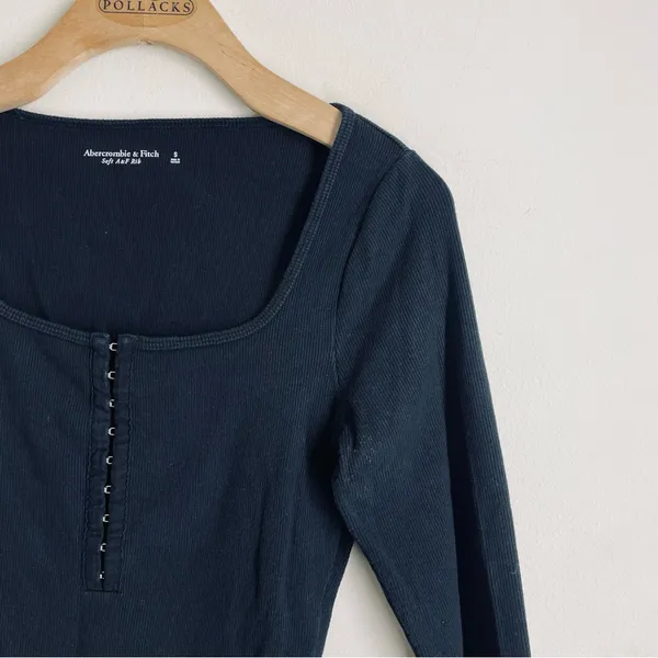 Abercrombie & Fitch Rib Hook Front Bodysuit Black Long Sleeve S Square Neck - Image 4