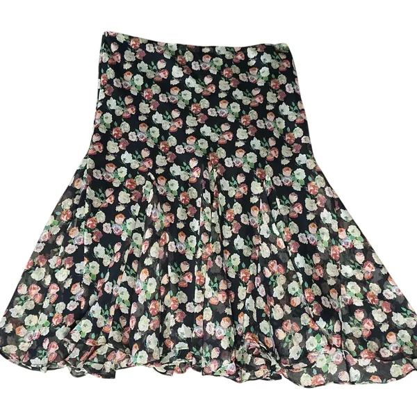 Lauren Ralph Lauren Floral Chiffon Midi Skirt M Black Rose Flared Romantic - Image 2