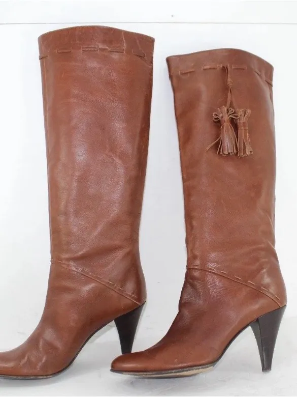 Saks 5th Avenue Women's Brown Leather Knee-High Tassel Boots - Image 3