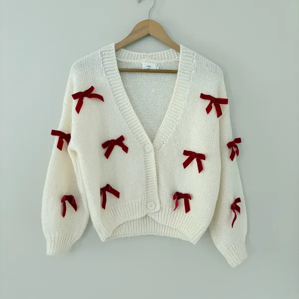 Luna Ivy Cardigan Sweater XS Cream Red Velvet Bows Coquette Balletcore Chunky - Image 8