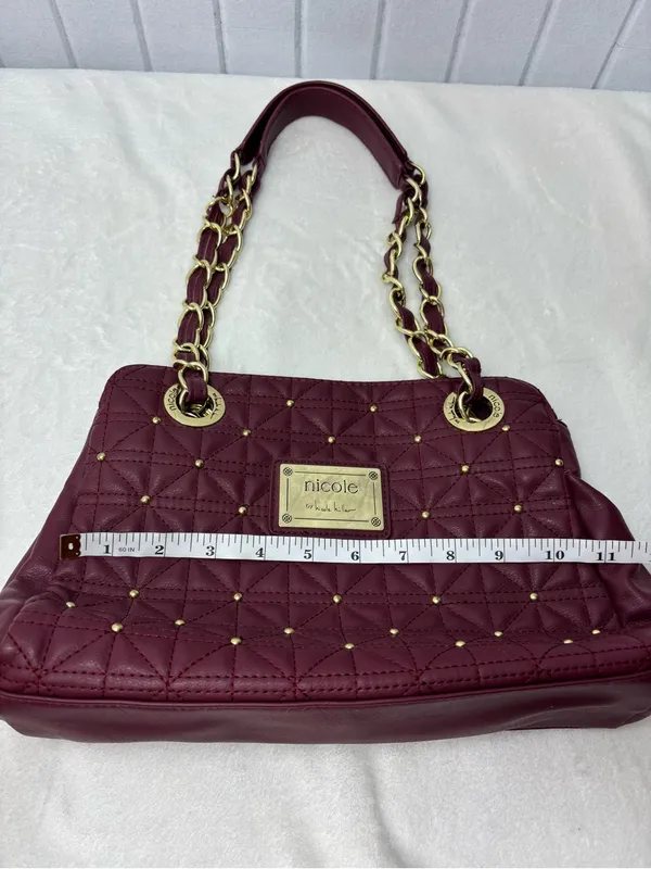 Nicole Miller Quilted Shoulder Bag‎ in Burgundy with Gold Hardware - Image 13
