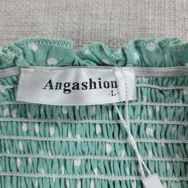 Angashion Womens Jumpsuit Large Green Polka Ruffles Strapless Smocked Wide Leg - Image 2