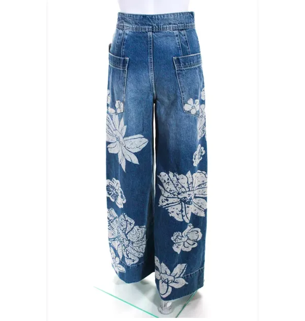 Free People NWT Blue Talia Trouser Floral Flare Denim Jeans 26 - Image 5