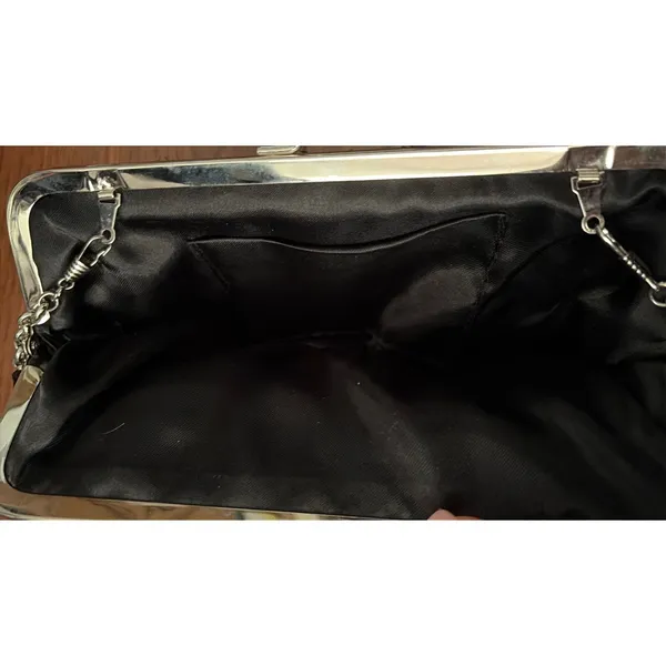Black 3D Rosette Floral Evening Clutch Silver Kiss Lock Convertible Chain‎ Strap - Image 4