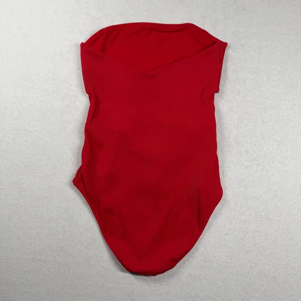 Aerie Real Good Ribbed Strapless Cutout One-Piece Swimsuit Red Medium - Image 2