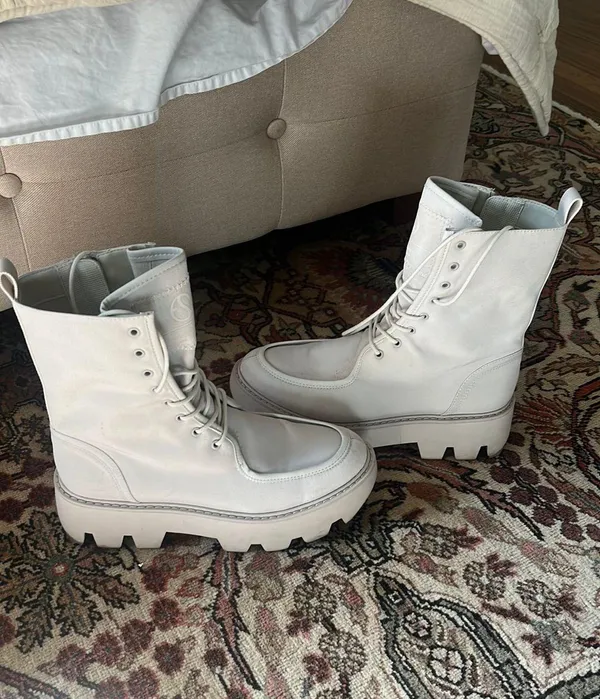 Beige Fabric Moto Lace Up Combat Boots - Image 2