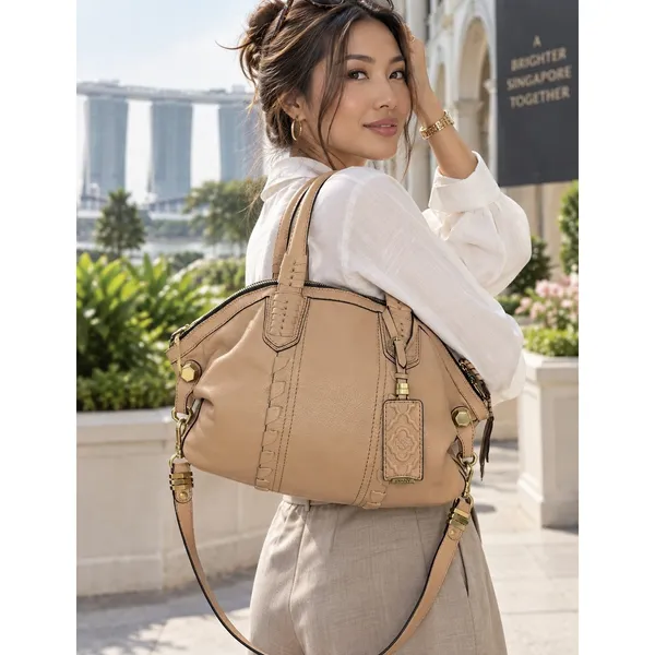 Oryany Tan Leather Whipstitch Satchel Crossbody Handbag Gold Hardware - Image 2