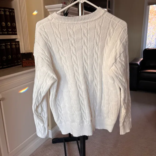 Women's White Cable Crewneck Sweater - Image 2