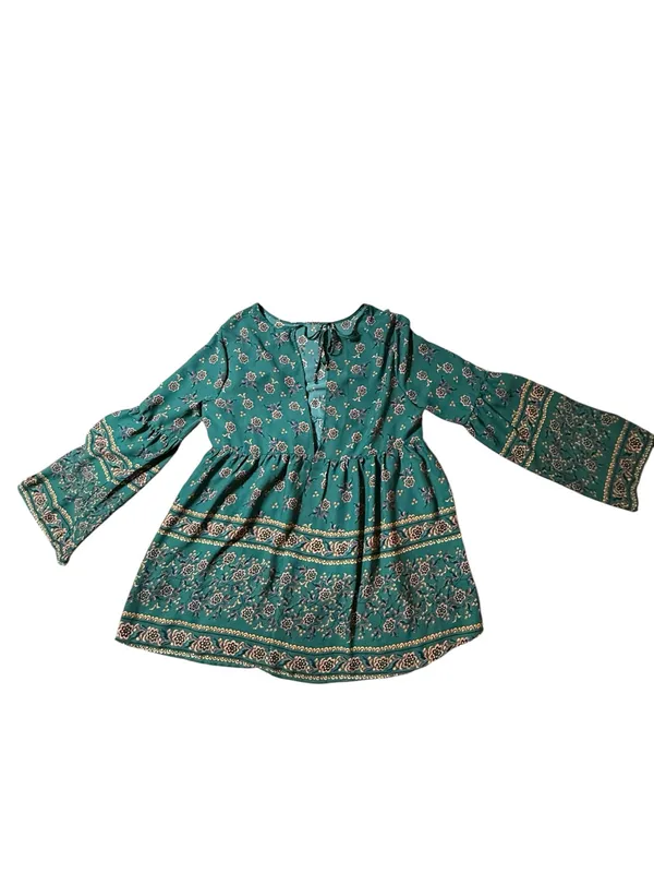 Altar'd State Teal Floral Boho Bell Sleeve Babydoll Peasant Top Medium - Image 4