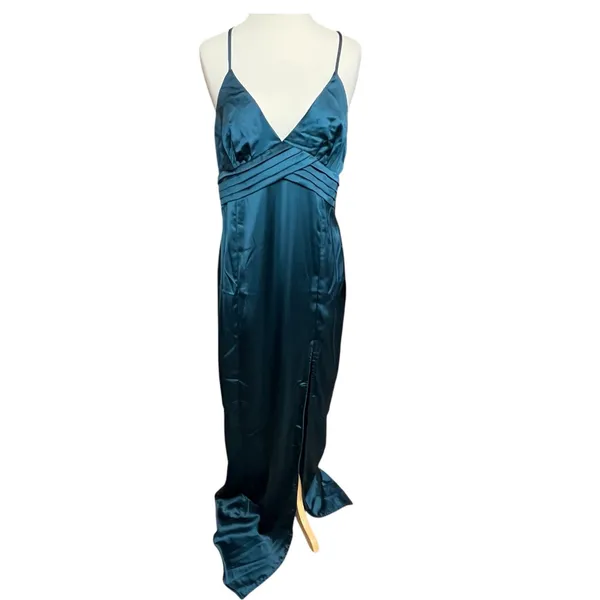 Lulus Maxi Dress XL Teal Blue Satin Gown Divine‎ Entrance Criss Cross Back Slit - Image 2