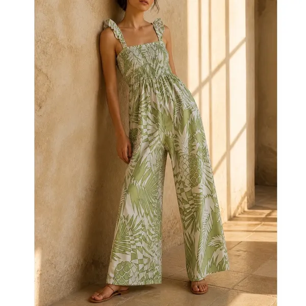 Inspired Hearts Green Tropical Pineapple Smocked Wide Leg Jumpsuit Large NWOT - Image 2