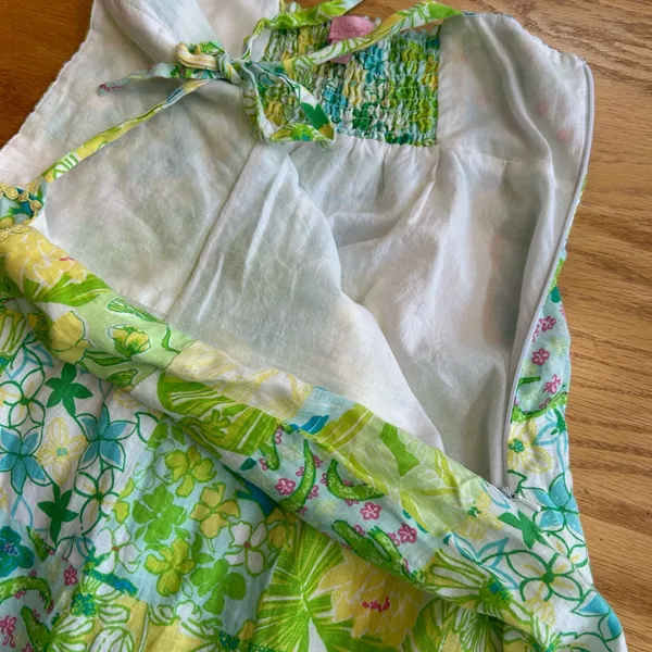 Lilly Pulitzer Patchwork Linen‎ Dress Size 4 Green Yellow Floral Tie Strap Lace - Image 8