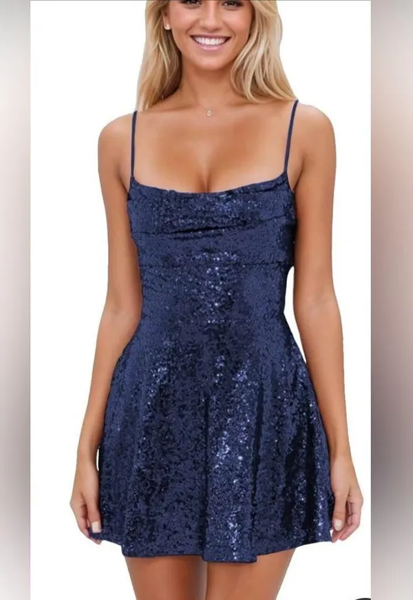 NWT B Darlin Blue Sequin Sparkly Cowl Neck Mini Dress - Image 12