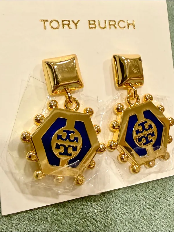 Tory Burch | Gold-Plated Logo Earrings with Navy Enamel & Gold Pearl Accents - Image 2