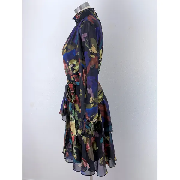 Alex Marie Floral Chiffon Smocked Mock Neck Sheer Sleeve Dress Navy 8 - Image 8