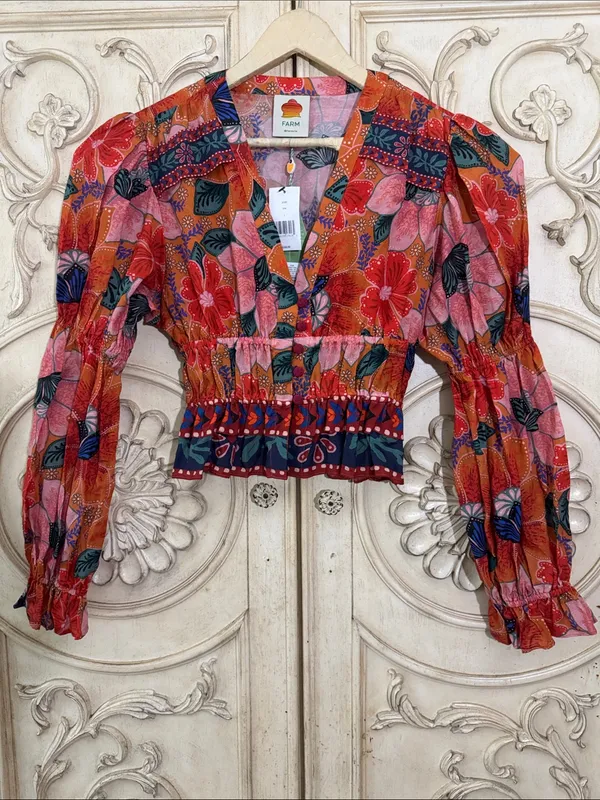 FARM Rio Marias Floral Plunge Neck Peplum Long Sleeve Top Size Medium - Image 4