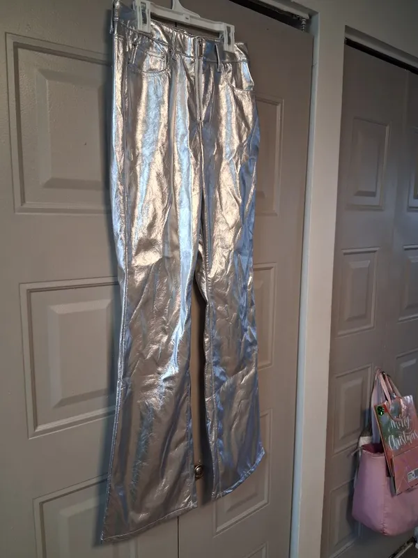 Love, Fire bell bottom y2k 2000s millenium pants in metallic platinum silver size 7. - Image 3