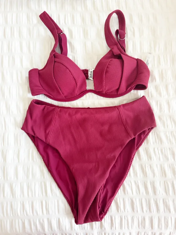 Berlook High Waist Full Coverage Bikini Jacquard Medium Red - Image 5