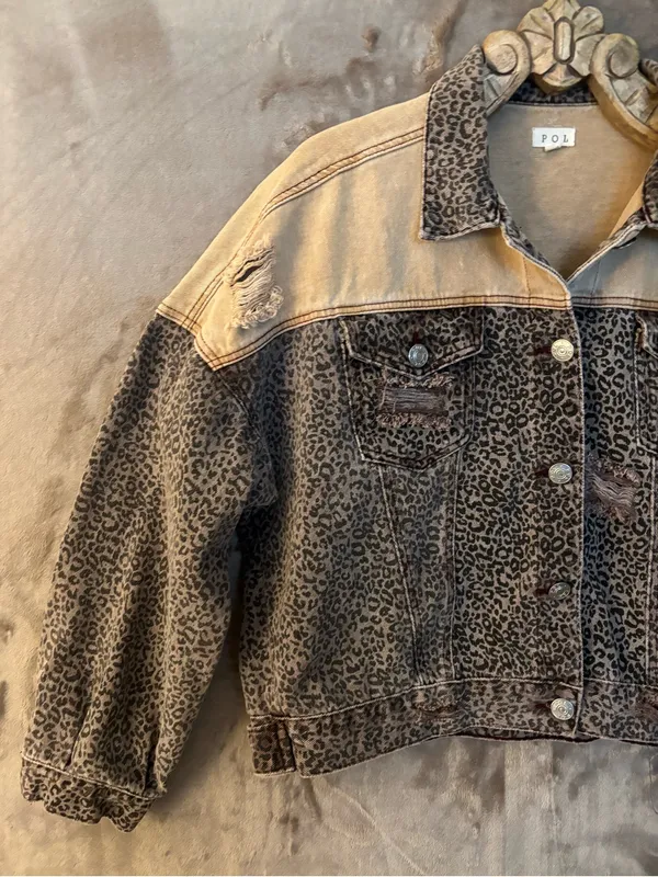 POL Two-Tone Leopard Print Denim Jacket in Brown/Tan Women’s Size L - Image 2