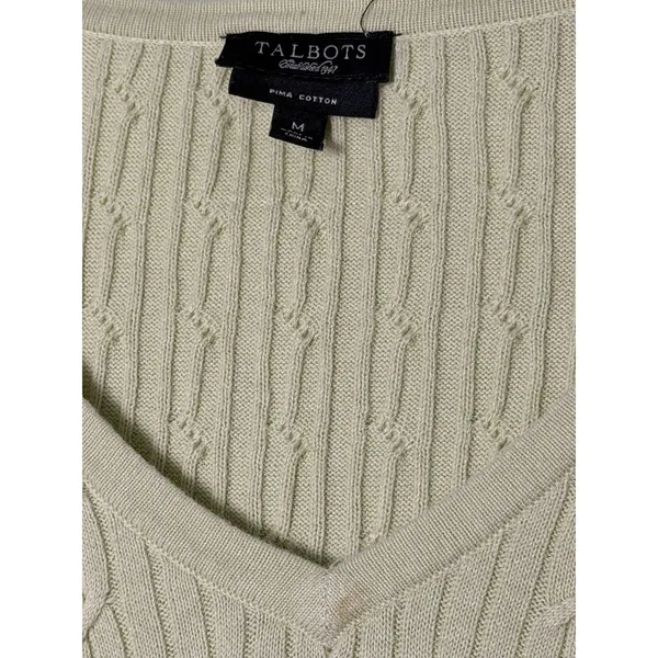 Talbots Lime Green Cable Knit V-Neck Sweater Long Sleeve Pullover Cozy Preppy M - Image 3