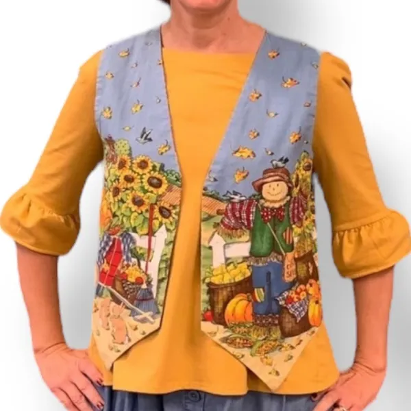 Vintage Handmade Reversible Vest Autumn Pumpkin‎ Scarecrow Farmhouse Blue Orange - Image 9