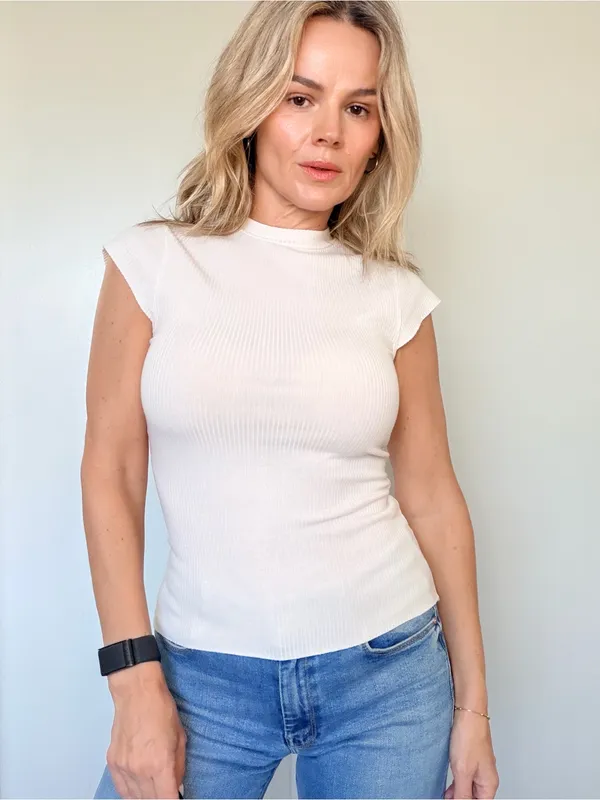 Reformation White Ribbed Cap-Sleeve Mock Neck Tank - Image 4