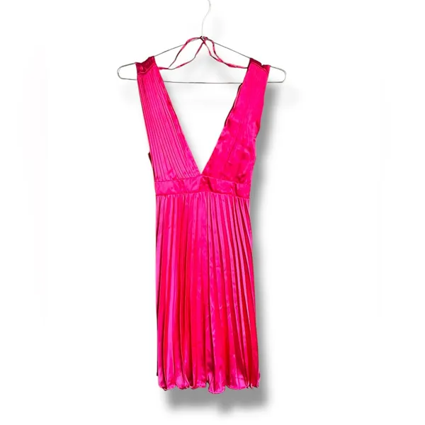 Sincerely Jules satin Deep V Neck Accordion Pleated Hot Pink Satin Dress Xs - Image 3