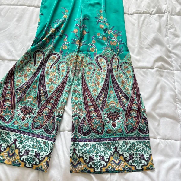 Rachel Zoe Womens XS Green Paisley Floral Satin‎ Wide Leg Boho Relaxed Pants - Image 2